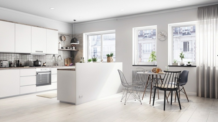cocina comedor decorada en blanco y gris de encanto, diseños de cocinas en estilo contemporáneo 