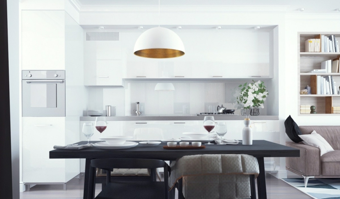 como decorar una cocina abierta al salón, fotos de cocinas modernas decoradas en blanco según las últimas tendencias