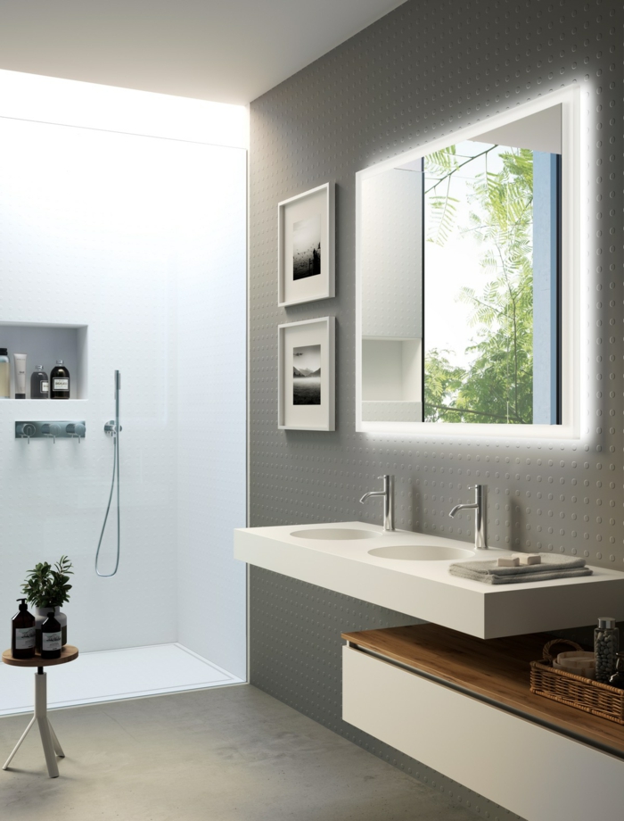 decoración moderna de encanto con suelo y paredes en gris, ideas de reforma baño pequeño 
