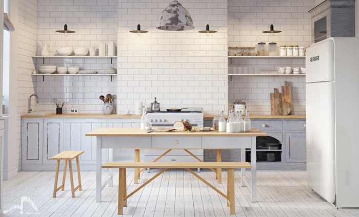 cocinas rusticas blancas decoradas con mucho encanto, muebles de madera, suelo de parquet y azulejos blancos 