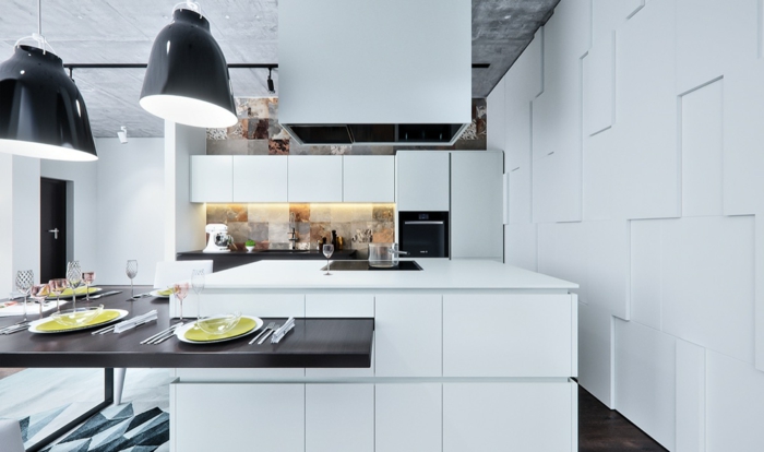 decoración cocina blanco y negro, isla moderna con comedor, decoración de cocinas en estilo contemporáneo 
