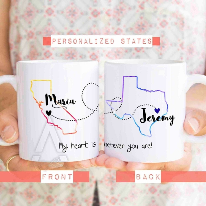 ideas para regalos de cumpleaños, vasos de café o té con nombre y mapas dibujados, personalized states