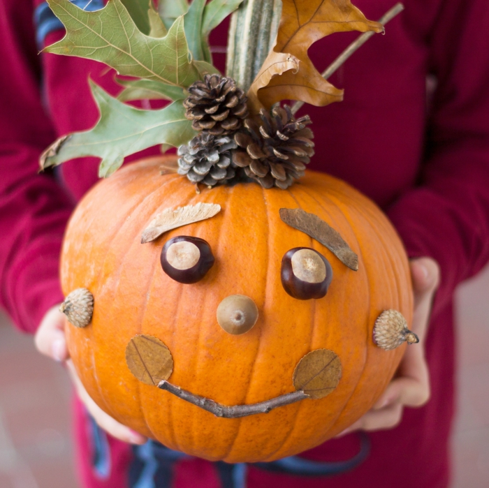 calabaza decorada con hojas secas, piñas, bellotas y castañas, ideas originales para Halloween 