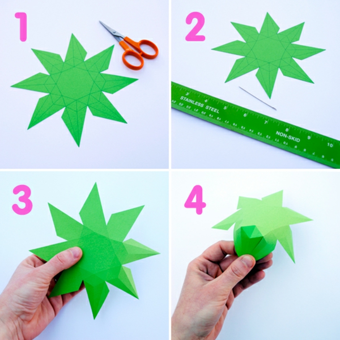 tutoriales en imágines sobre como hacer papiroflexia, pequeños detalles hechos con papel, diamantes de papel verde 