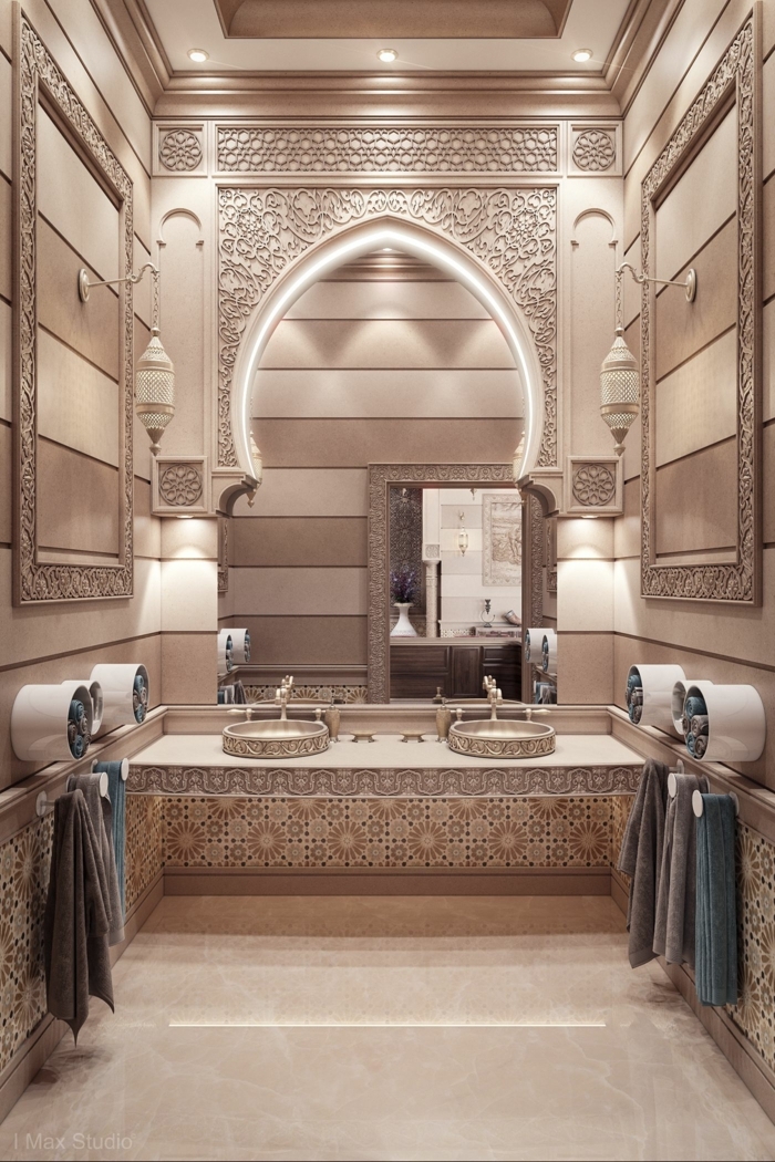 suelo hidraulico imitacion, suelo de color beige, baño elegante con estilo oriental decorado