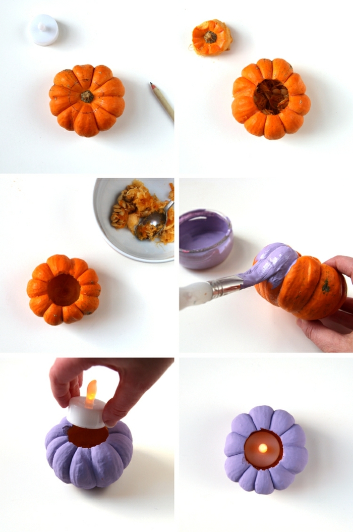 como hacer una calabaza de halloween paso a paso, mini calabaza pintada en color morado, decoración DIY 