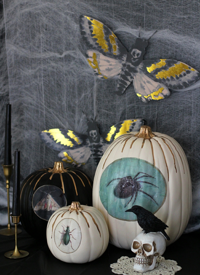 calabazas decoradas manualidades, preciosa decoración para la fiesta de Halloween, decoración en dorado, dibujos de insectos