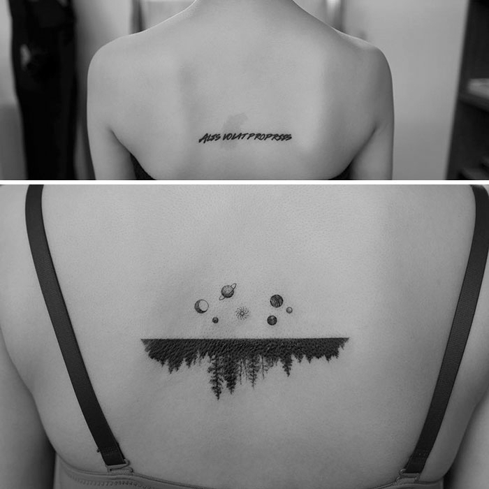 dos ejemplos de tatuajes pequeños con significado en la espalda, diseños de tatuajes para mujeres 