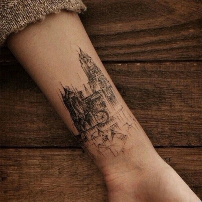 tatuajes en el brazo inspirados en la arquitectura, precioso tatuaje en el antebrazo, diseños originales 
