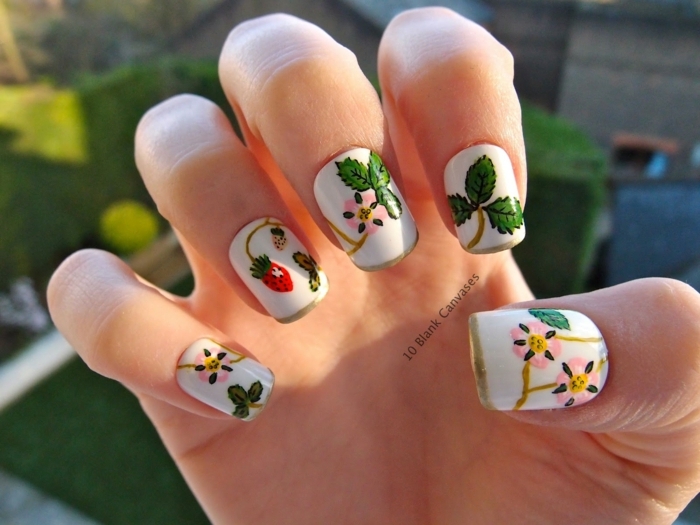 uñas en acrilico diseños para el verano, uñas cuadradas pintadas en blanco con detalles botánicos 