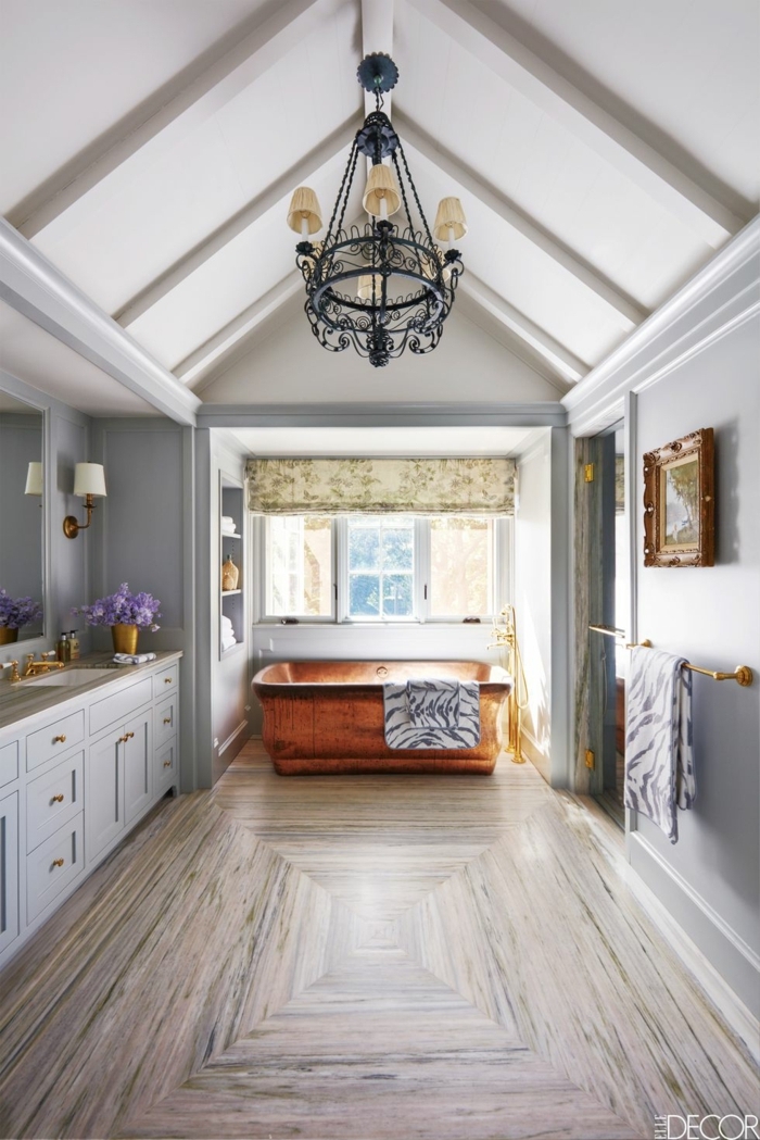 cuarto de baño de diseño decorado en estilo rústico moderno, espacio abuhardillado decorado en gris, ideas reformar baño