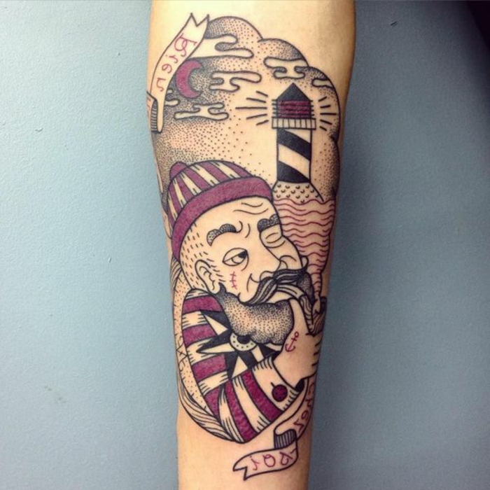 tatuajes old school hombre brazo, ideas de tatuajes para hombres en el brazo clásicos, dibujo Popaye el marinero, tatuaje en el antebrazo en rojo y negro 