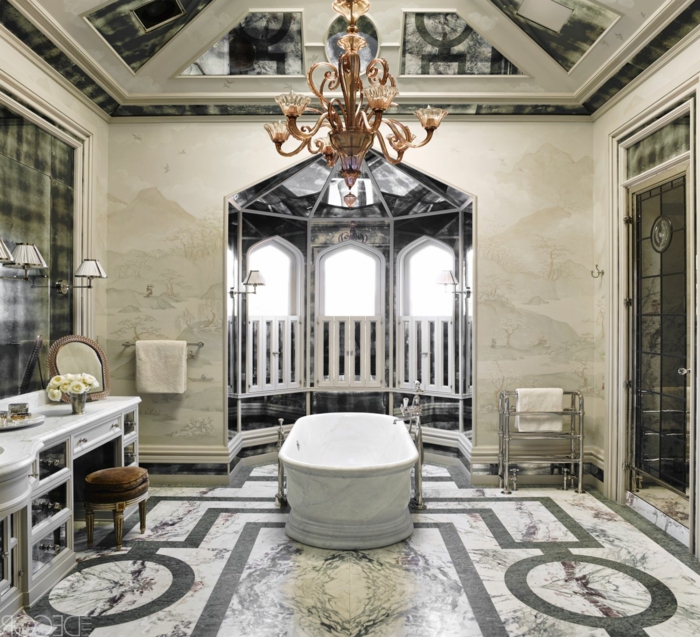 baño de lujo decorado en estilo vintage con interesantes efectos visuales, azulejos para baños modernos 
