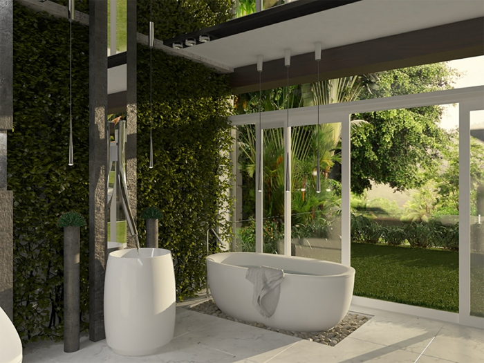 decoración original baños modernos, baño abierto al jardín, decoración plantas verdes, muebles modernos 