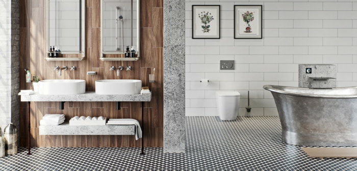 baños grises decorados de diseño, bañera en estilo vintage, azulejos de diseño en blanco y negro 