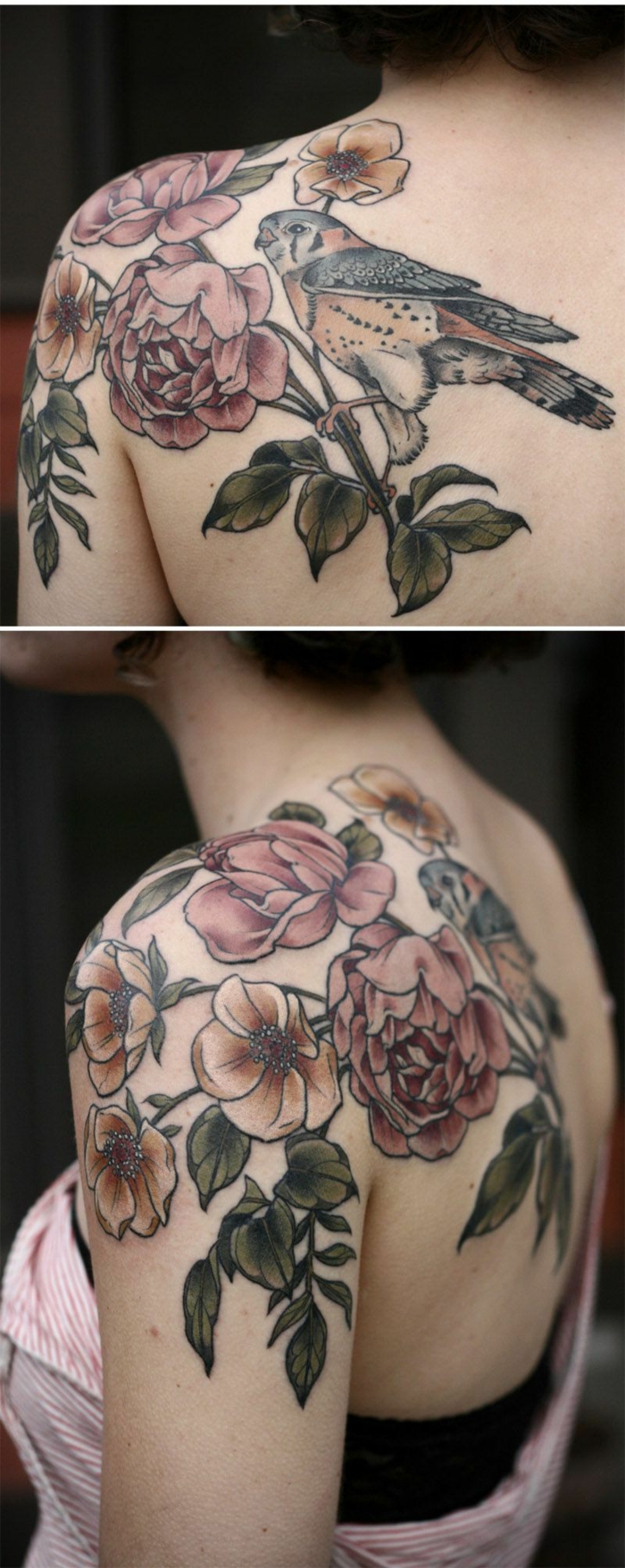 tatuajes tradicionales con motivos florales,grande tatuaje en la espalda, tattoo con peonias, tatujes old school golondrinas