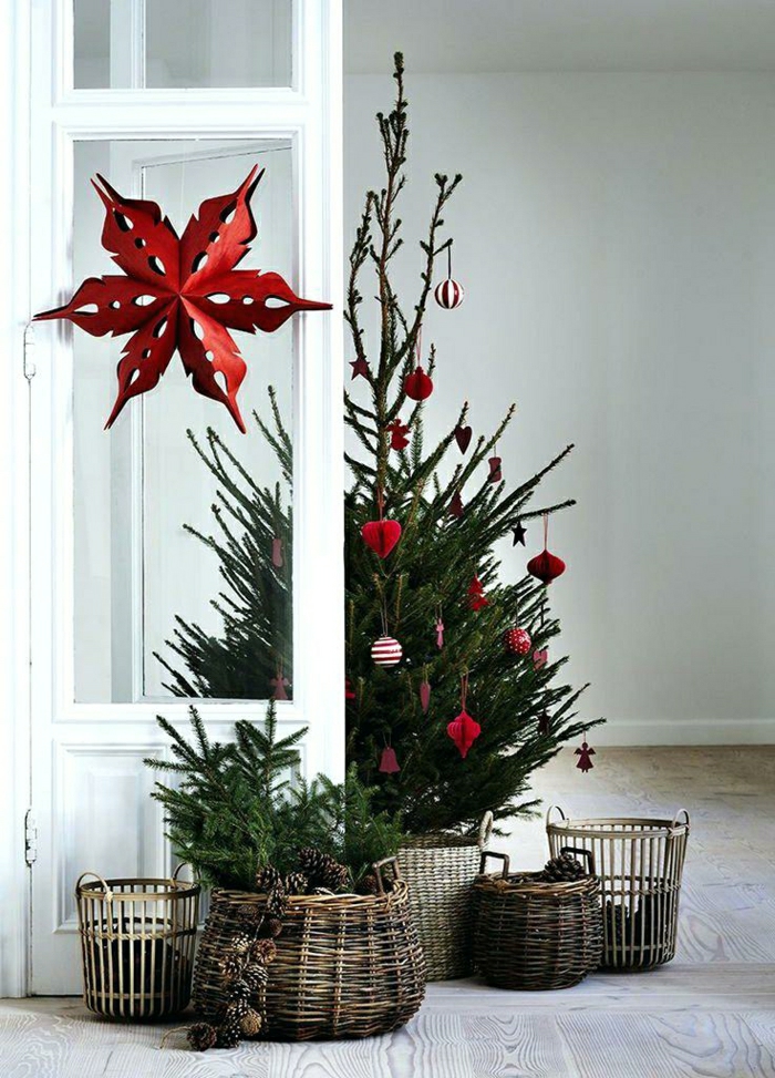 ideas sobre como adornar un arbol de navidad en estilo rústico, decoración minimalista con adornos en rojo 