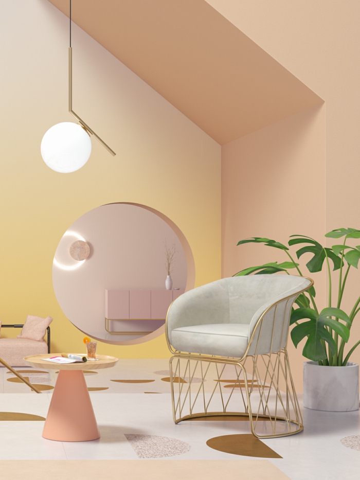 ideas sobre como pintar una habitacion de dos colores, paredes pintadas en terracota claro y amarillo, detalles decorativos en tonos pastel 