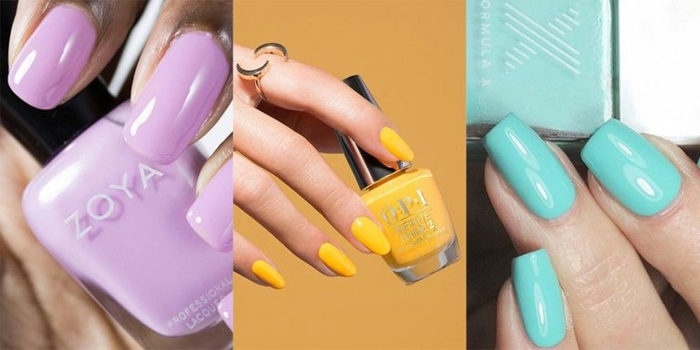 como hacer uñas acrilicas, uñas elegantes pintadas en un solo color, verde menta, amarillo plátano y lila, tendencias en los colores 2019
