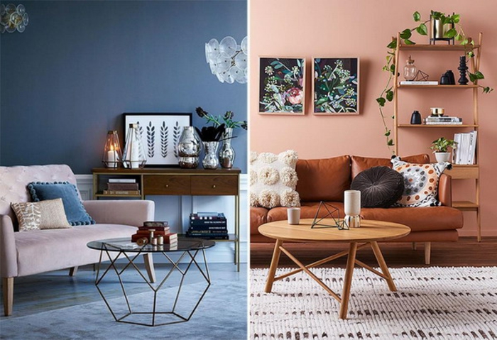 habitaciones pintadas 2019, salones modernos con toques vintage en la decoración, paredes en azul oscuro y color salmón