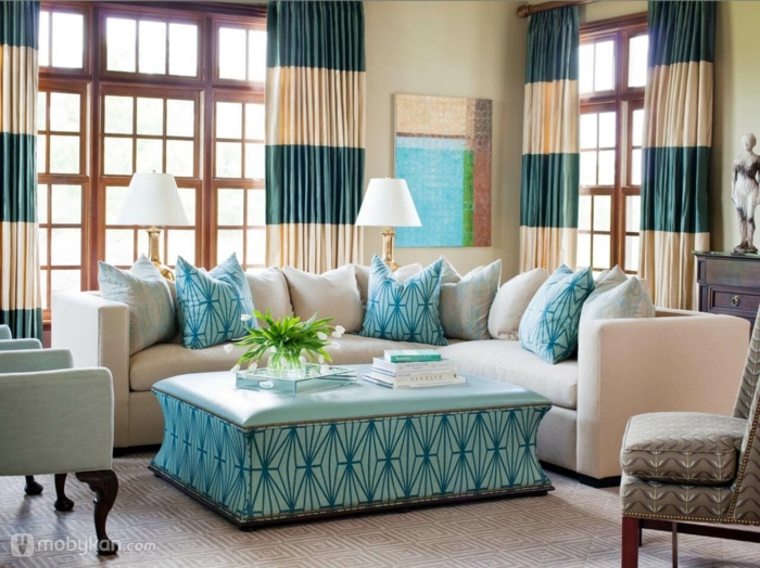 decoracion de interiores color arena pared, salón decorado en estilo vintage con toques en verde y azul