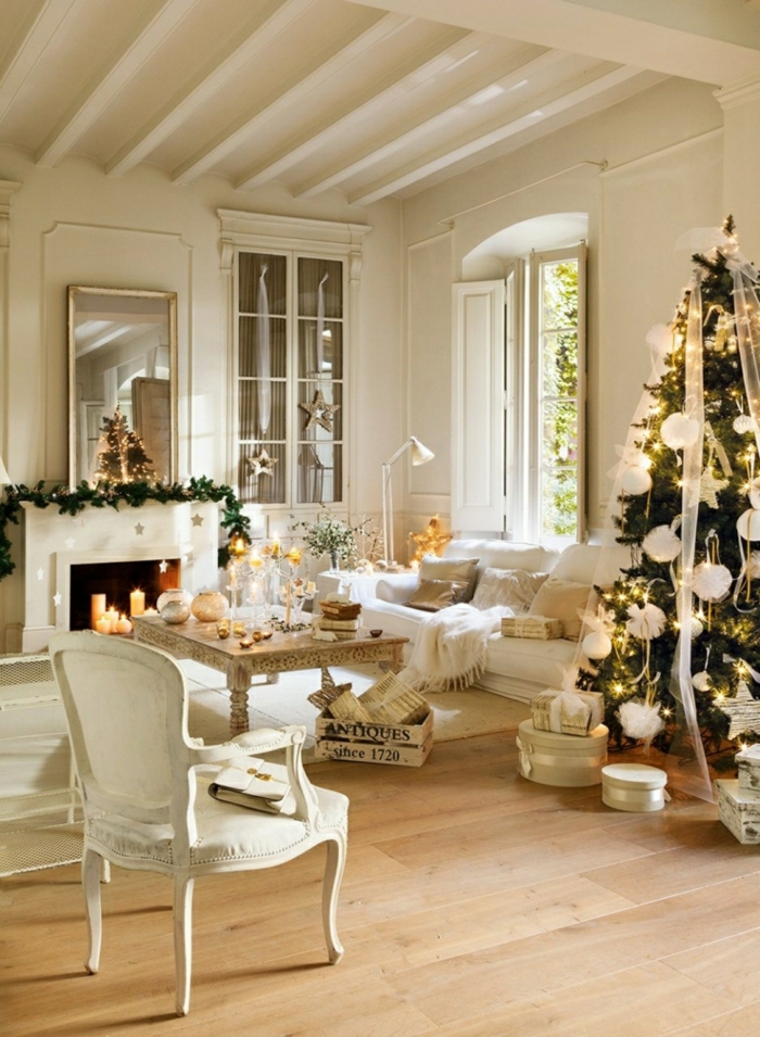 como decorar un arbol de navidad para ambientes en estilo escandinavo, espacio decorado en blanco, decoración minimalista 