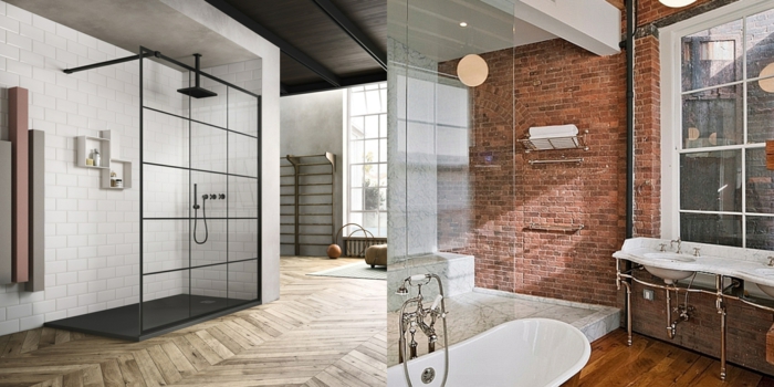 dos ejemplos de cuartos de baño modernos decorados en estilo industrial, reformas de baño paso a paso 