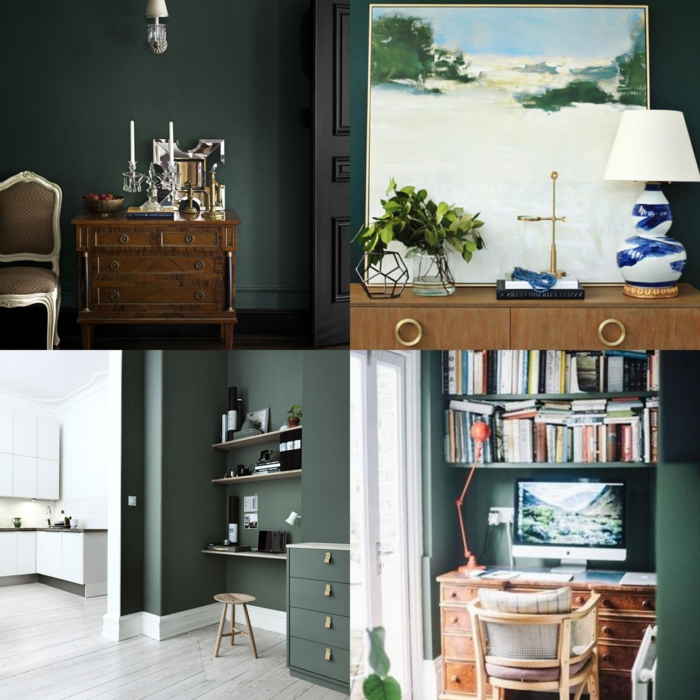 ultimas tendencias en decoracion de paredes, salones decorados en verde oscuro, diseños modernos 2019 