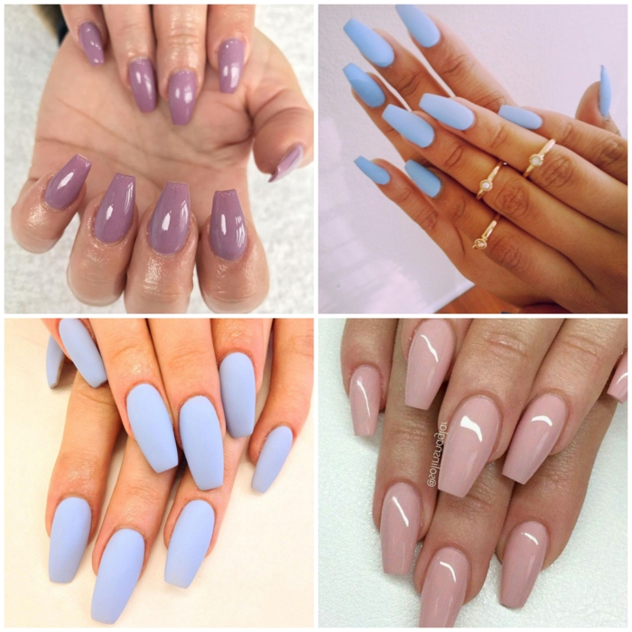 uñas acrilicas o de gel de forma ballerina, cuatro propuesta de uñas pintadas en un solo color tonos pastel 