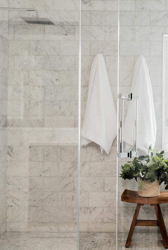 pequeño baño con azulejos de diseño de mármol, decoración plantas verdes, cabina de ducha 