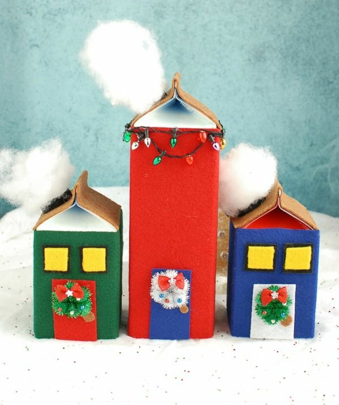 decoración navideña DIY hecha con fieltro, preciosas ideas de manualidades con cartón para hacer adornos navideños 