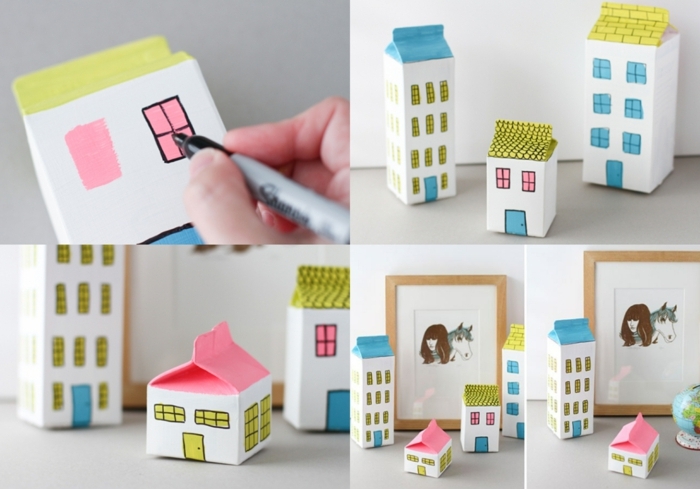 manualidades con carton paso a paso, como decorar cajas de cartón, pequeñas casas decorativas 