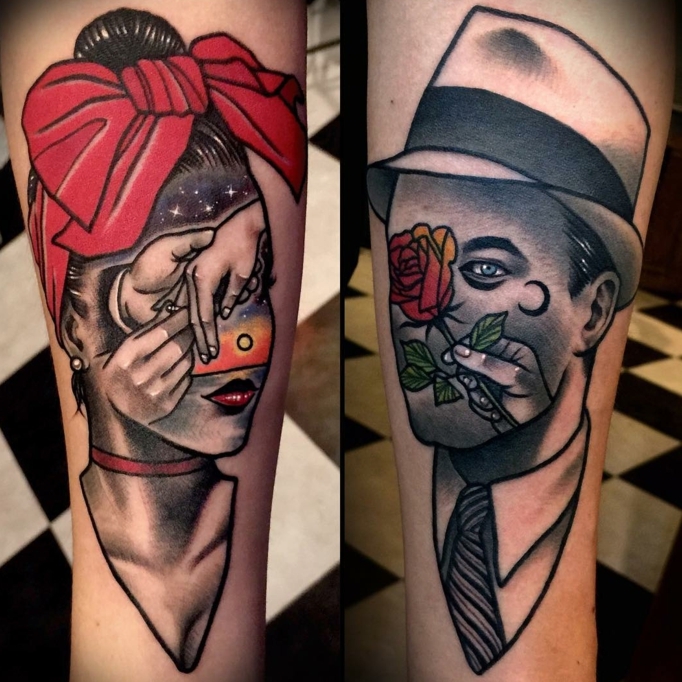 preciosos diseños tatuajes en el brazo, dos tatuajes con hombre y mujer, propuesta de compromiso 