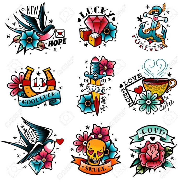 diseños clásicos de tatuajes faciles para hombres y mujeres, golondrina, diamantes, ancla, calaveras