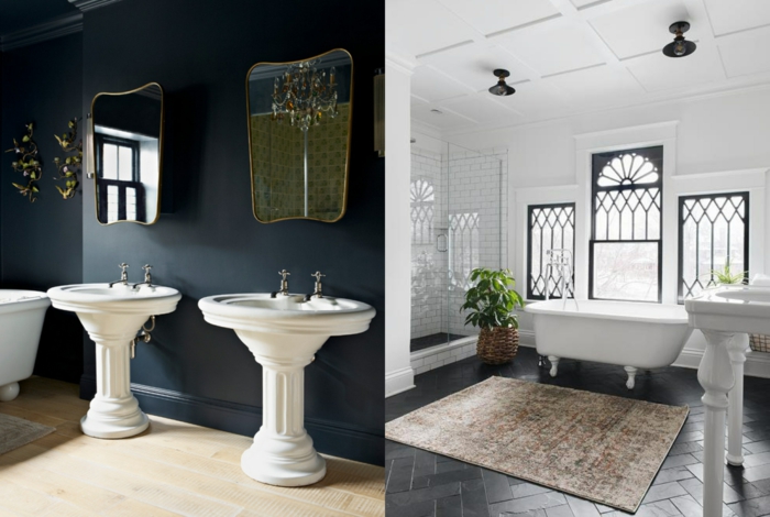 baños modernos inspirados en la estética vintage, dos ejemplos de cuartos de baño en estilo vintage 