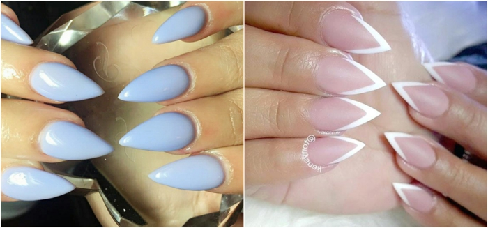 dos ejemplos de uñas largas en acrílico con forma muy afilada decoradas en colores pastel 