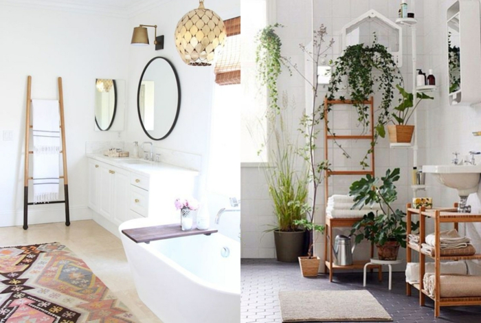 dos ejemplos de baños modernos decorados en estilo boho chic, plantas verdes, detalles de mimbre y madera y alfombras ornamentadas 
