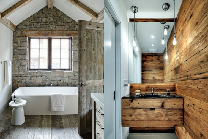 dos ejemplos de baños decorados en estilo rústico moderno, ideas reformar baño, techos con vigas, pared de ladrillo 