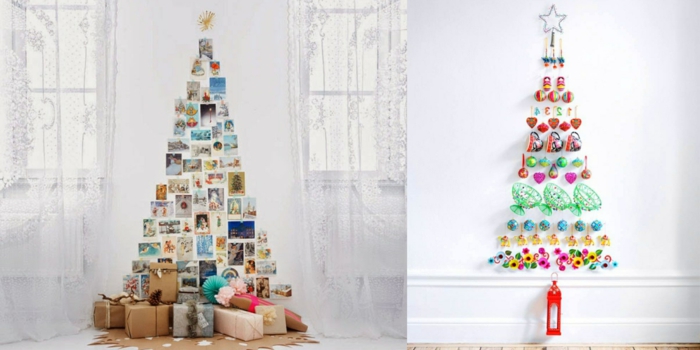 dos propuestas de arbol de navidad casero, árboles hechos con materiales reciclados, ideas super originales 
