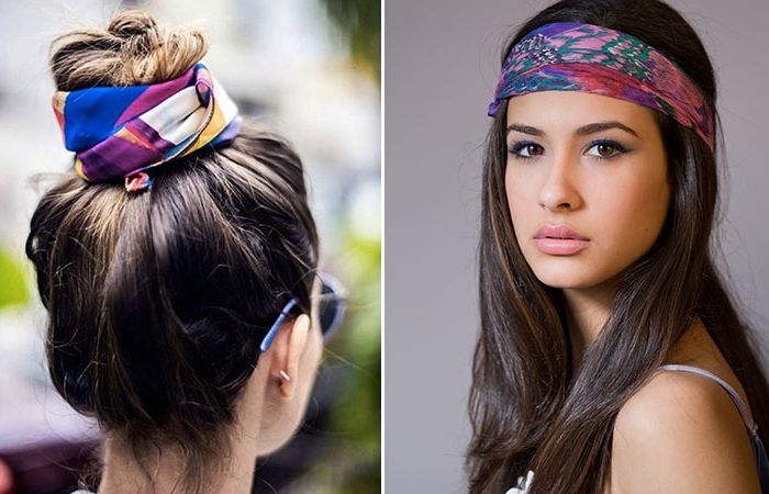 formas de ponerse pañuelos para la cabeza, dos ejemplos sobre como adornar tu cabeza con pañuelos de seda 