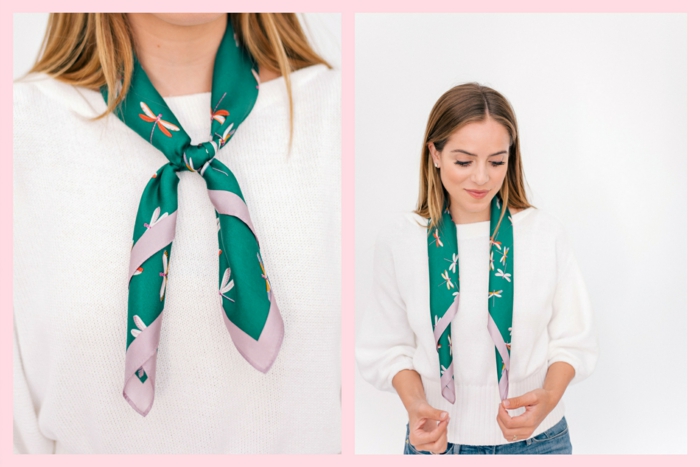 manera clásica de ponerse una bufanda, pañuelo de seda verde con hermoso dibujos