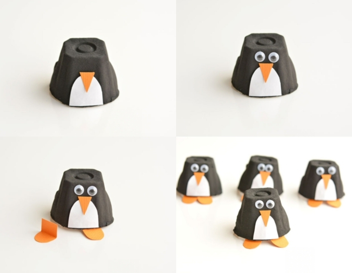simpáticas ideas de manualidades con hueveras paso a paso, figuras pinguino hechas a mano 