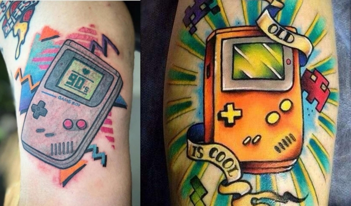 diseños coloridos de tatuajes para hombres en el brazo, ideas de tattoos de la escuela vieja 