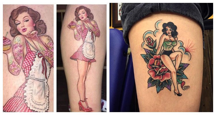 tatuajes tradicionales con chicas pin-up bonitas ideas, tatuajes vintage en la pierna y la cadera 
