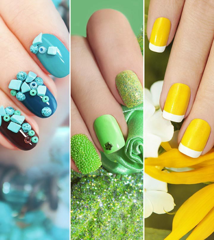 como hacer uñas acrilicas diseños para el verano, uñas en forma cuadrada pintadas en colores chillones y frescos