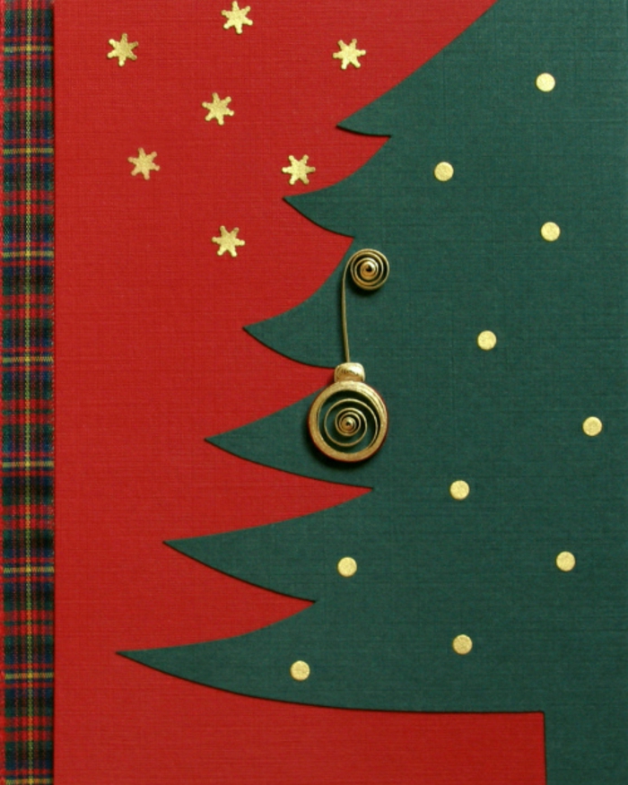 ideas de tarjetas navideñas originales, diseños de estilo, tarjeta de cartulina en rojo y verde con detalles en dorado 