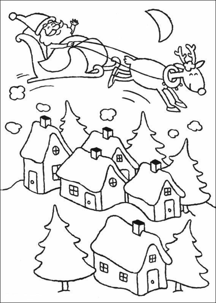 galería de imágines con dibujos navideños para colorear, Papa Noel con su trineo y renos volando 