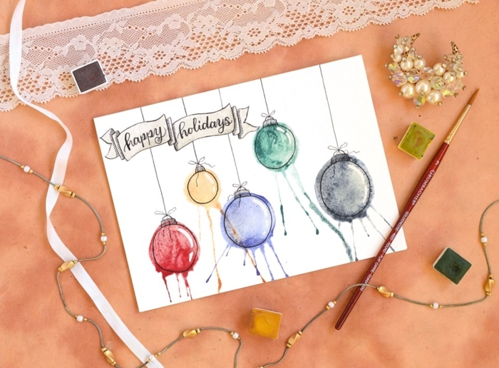 preciosas ideas de tarjetas navideñas originales, bonita tarjeta decorada con pinturas acrílicas 