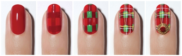 diseños de uñas navideñas fáciles paso a paso, uñas cuadradas con puntas ovaladas pintadas en rojo 