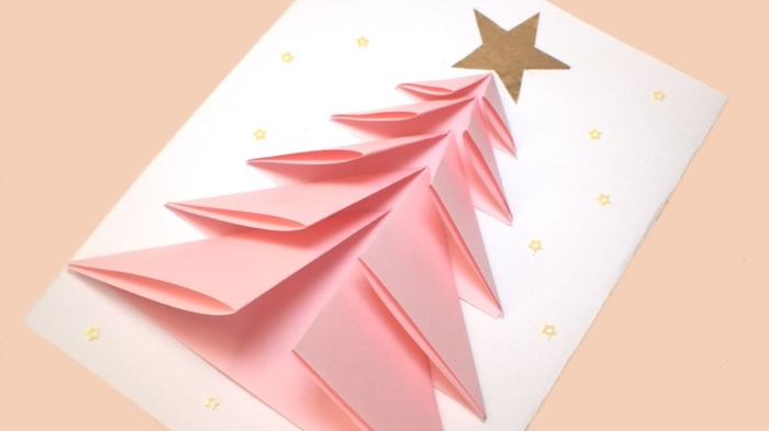 postales de navidad personalizadas 3D, árbol de navidad en rosado hecho de papel, diseños de tarjetas navideñas hechas a mano 